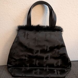a. testoni Satin Purse with Leather and Fur Trim Made in Italy